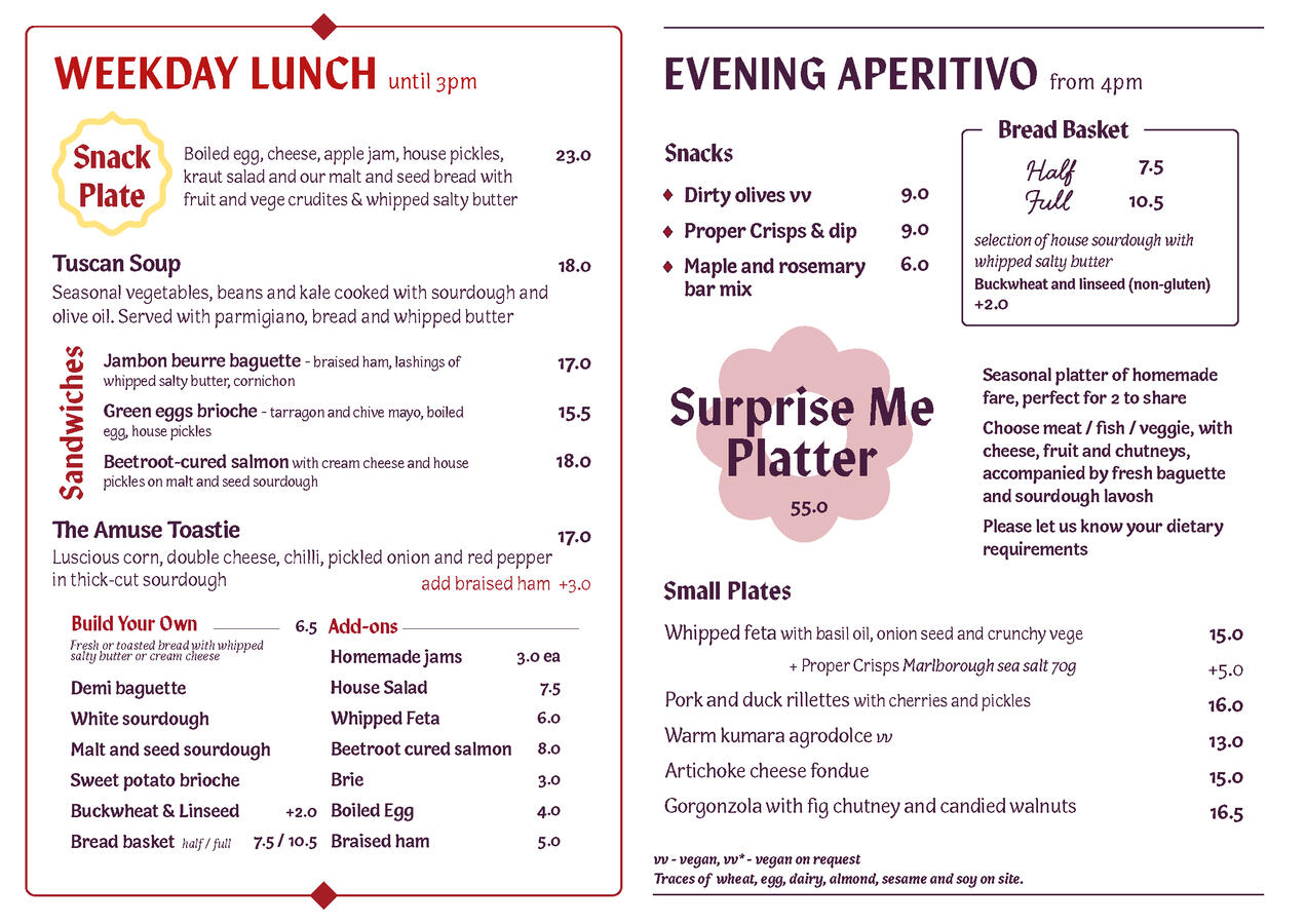 Weekday and evening menu